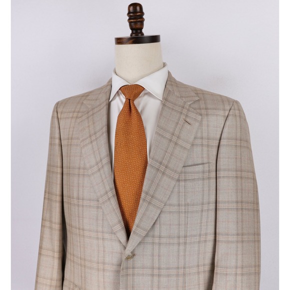 Brioni Cashmere Silk Blend Sport Coat Blazer 42R Taupe w/Red Orange Plaid Italy - Picture 4 of 13